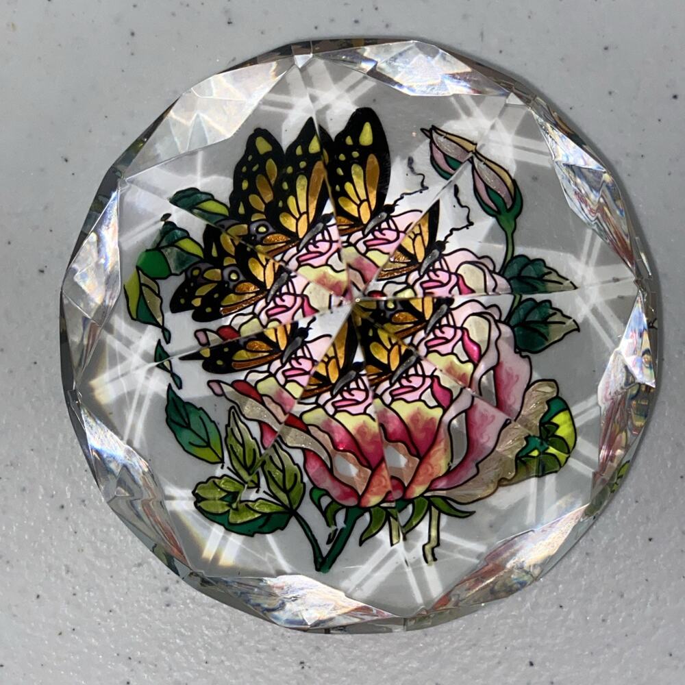 Art Glass Diamond Paperweight Hand Painted Amia Studios Rose Flower Butterfly - Picture 2 of 6